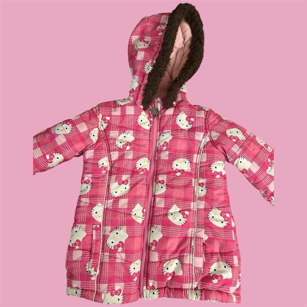 Hello Kitty pink and white puffer jacket with brown faux fur hood